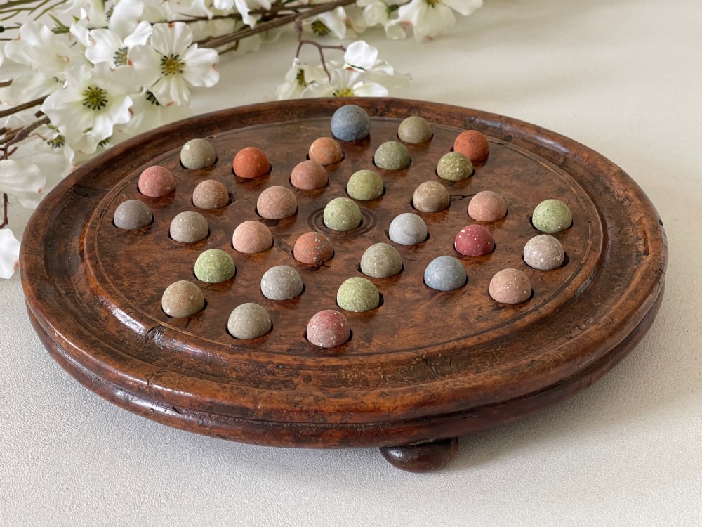 Antique Yew Wood Solitaire Board - with  colourful clay marbles View V