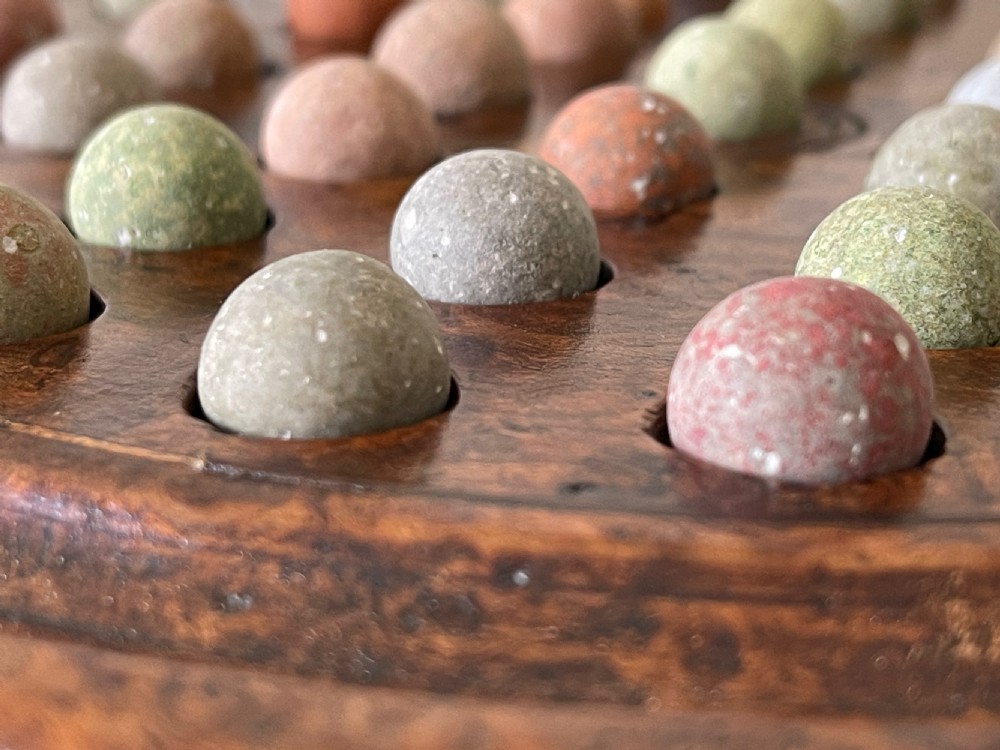 Antique Yew Wood Solitaire Board - with  colourful clay marbles View VI