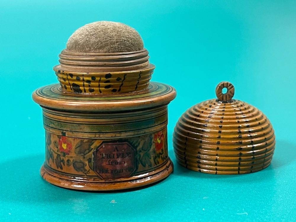 Antique Tunbridge Ware Bee Skep Pin Poppet View II