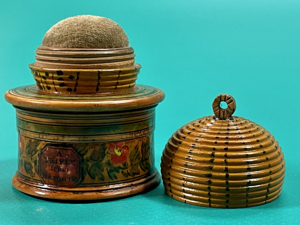 Antique Tunbridge Ware Bee Skep Pin Poppet View III