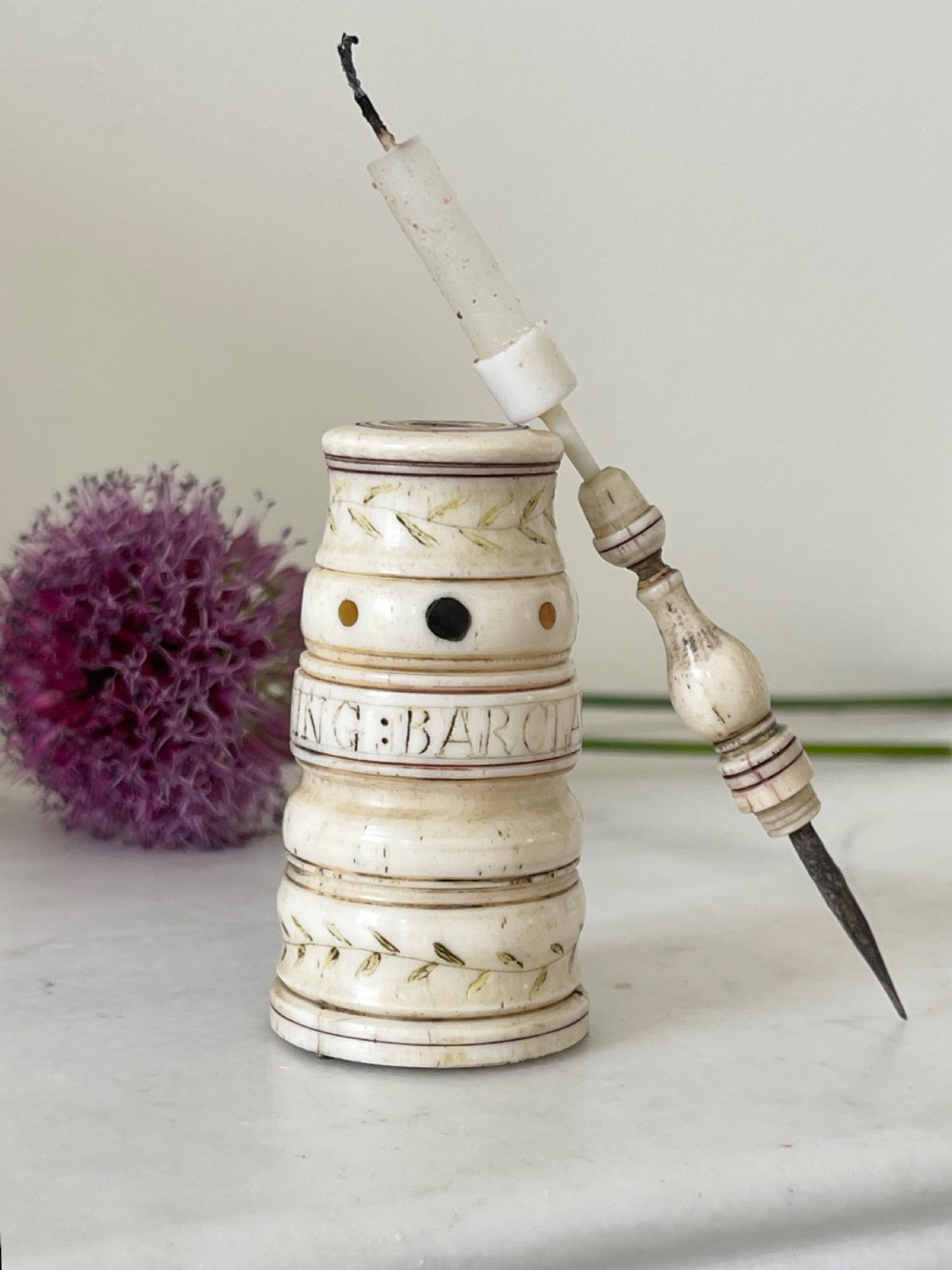 A Rare Named  Scrimshaw Combined Go to Bed & Pricker - whale bone, Barclay Whaling Ship View II