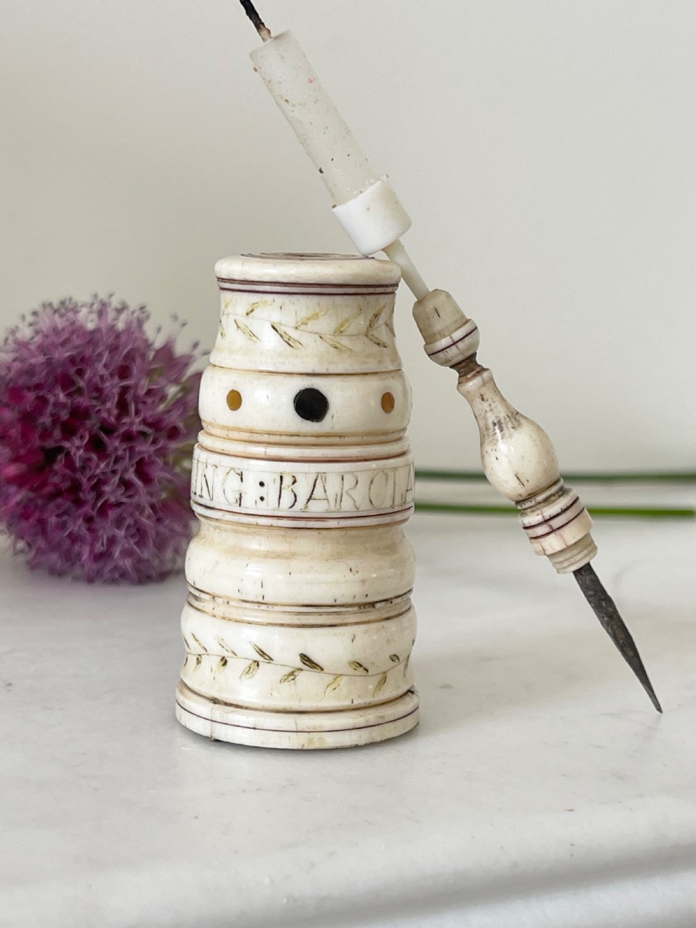 A Rare Named  Scrimshaw Combined Go to Bed & Pricker - whale bone, Barclay Whaling Ship View III