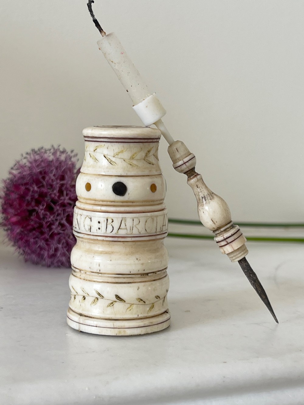A Rare Named  Scrimshaw Combined Go to Bed & Pricker - whale bone, Barclay Whaling Ship View IV