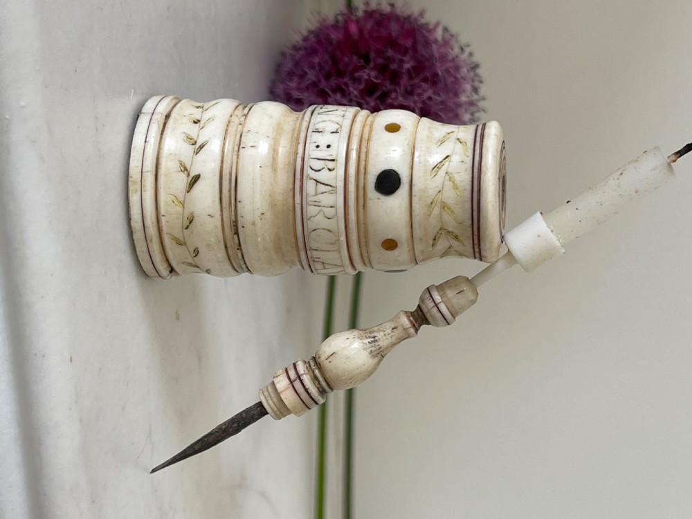 A Rare Named  Scrimshaw Combined Go to Bed & Pricker - whale bone, Barclay Whaling Ship View V