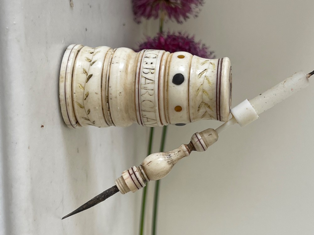 A Rare Named  Scrimshaw Combined Go to Bed & Pricker - whale bone, Barclay Whaling Ship View VI