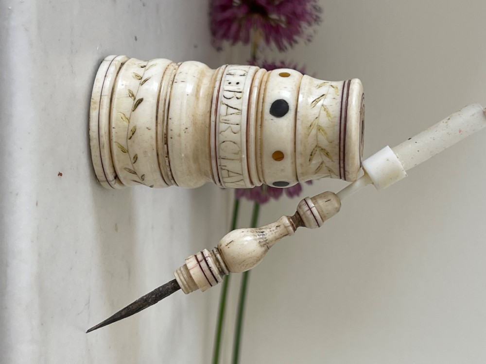 A Rare Named  Scrimshaw Combined Go to Bed & Pricker - whale bone, Barclay Whaling Ship View VII