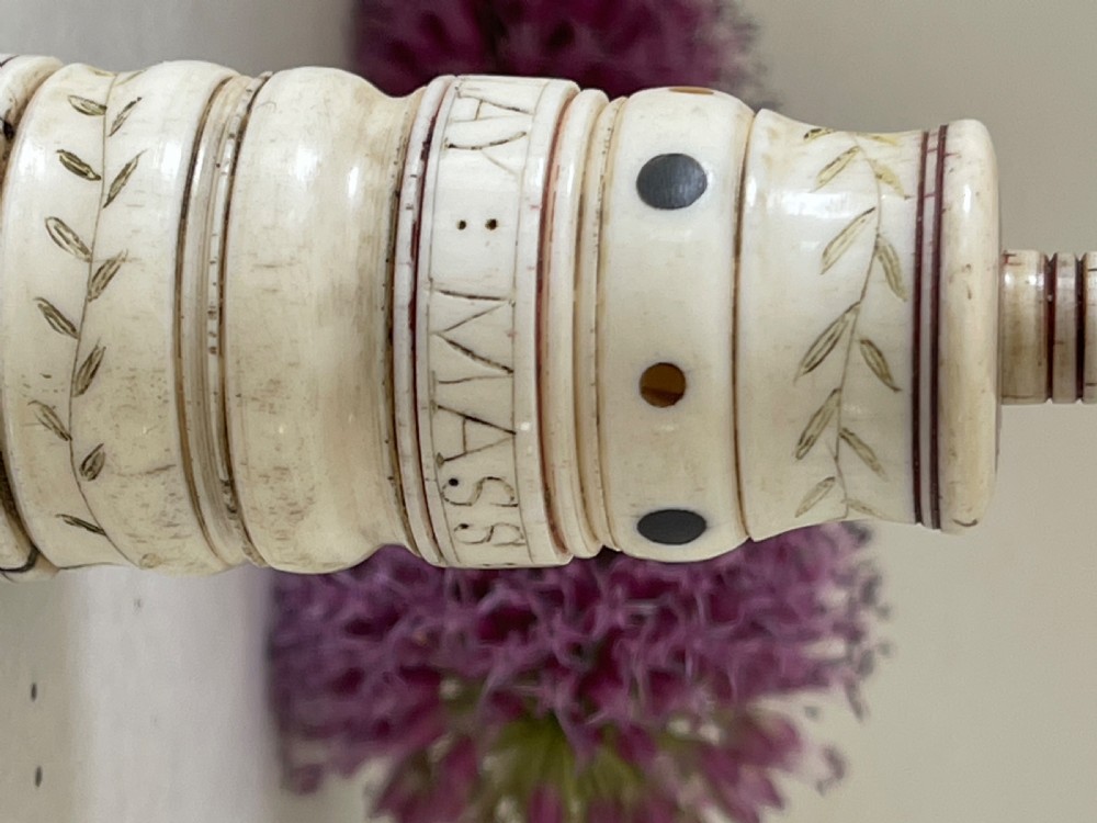 A Rare Named  Scrimshaw Combined Go to Bed & Pricker - whale bone, Barclay Whaling Ship View IX