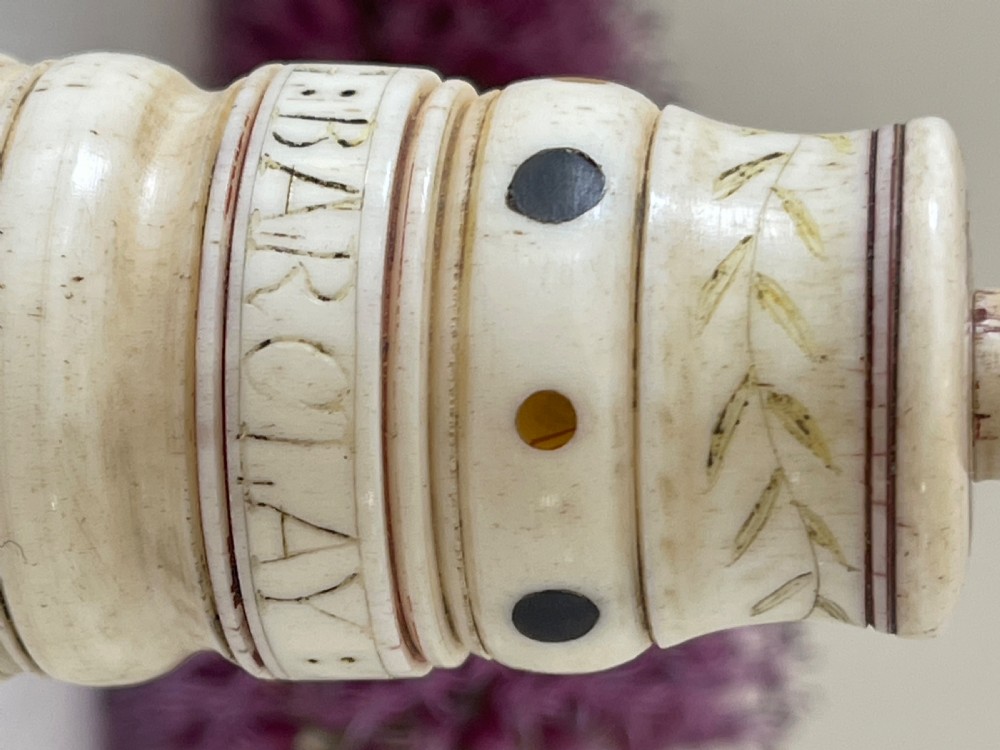 A Rare Named  Scrimshaw Combined Go to Bed & Pricker - whale bone, Barclay Whaling Ship View X