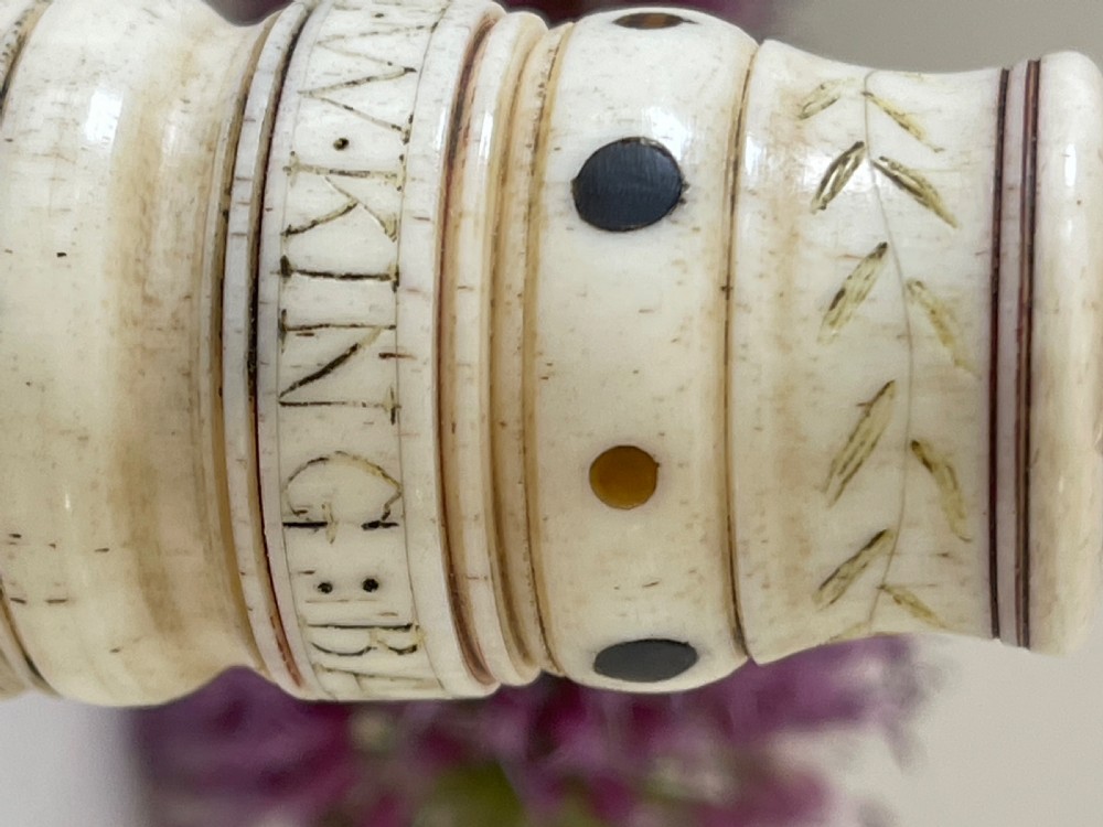 A Rare Named  Scrimshaw Combined Go to Bed & Pricker - whale bone, Barclay Whaling Ship View XII