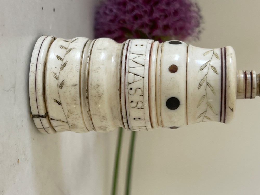 A Rare Named  Scrimshaw Combined Go to Bed & Pricker - whale bone, Barclay Whaling Ship View XV