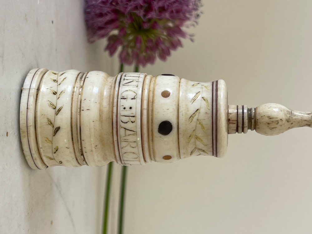 A Rare Named  Scrimshaw Combined Go to Bed & Pricker - whale bone, Barclay Whaling Ship View XVII