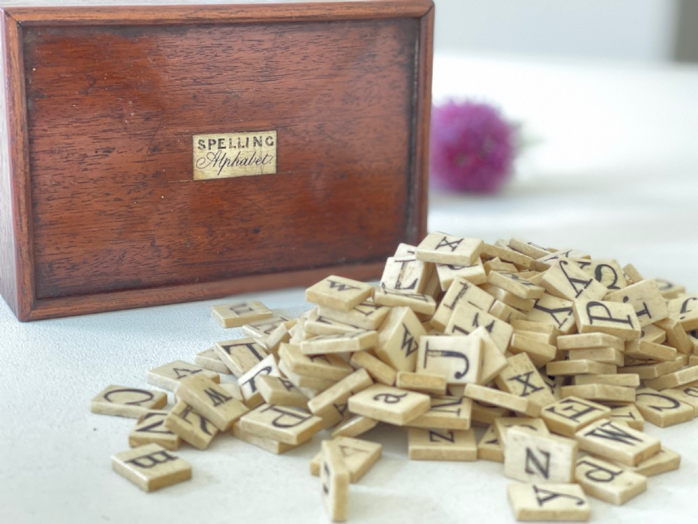 Antique Spelling and Alphabet Box - includes 232 double sided bone letters