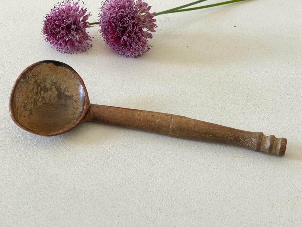 Antique Welsh Cawl Spoon - turned handle at the top