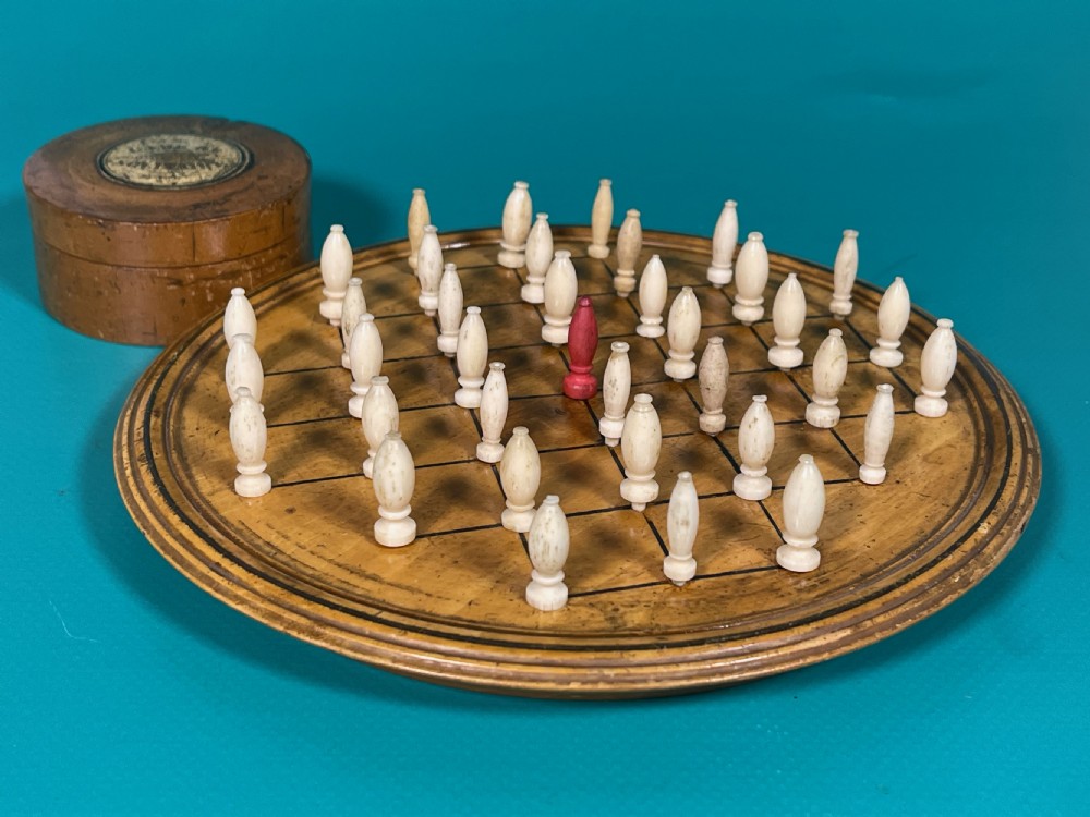 Antique Treen Peg Solitaire Board & Pegs in Box View VI