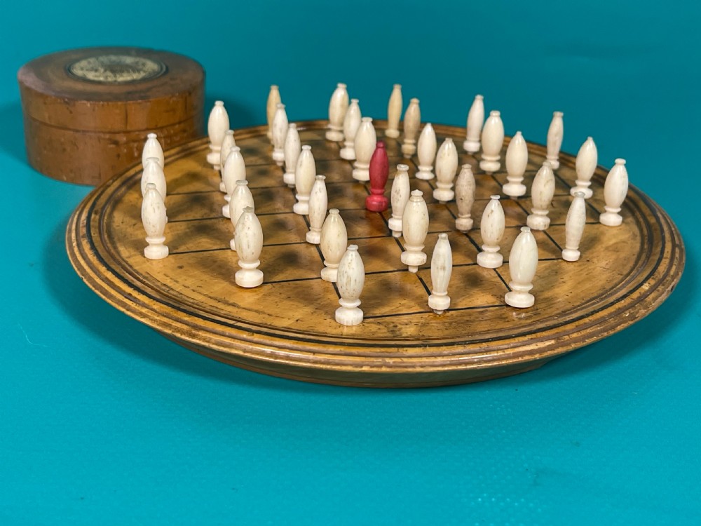 Antique Treen Peg Solitaire Board & Pegs in Box View VII