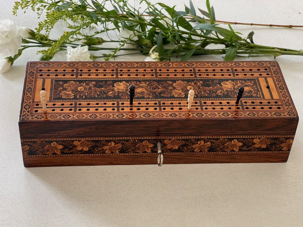 Antique Tunbridge Ware Cribbage & Cards Box View II