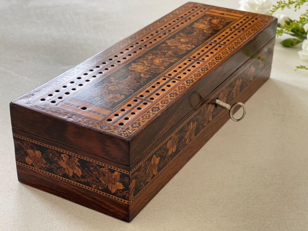 Antique Tunbridge Ware Cribbage & Cards Box View III