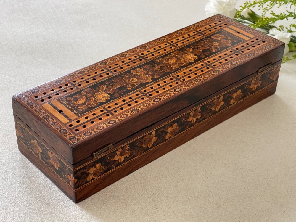 Antique Tunbridge Ware Cribbage & Cards Box View V