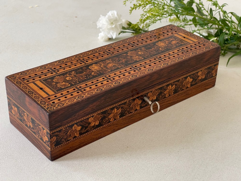 Antique Tunbridge Ware Cribbage & Cards Box View X