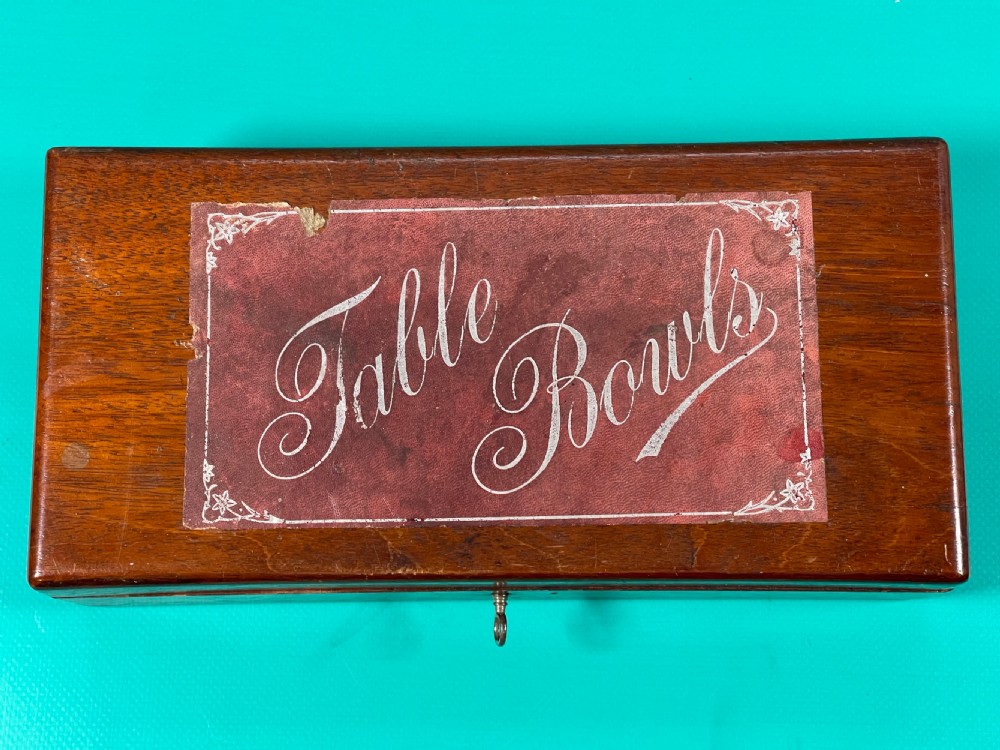 Antique Treen Table Bowls - mahogany boxed with chute, complete set of bowls, key View V