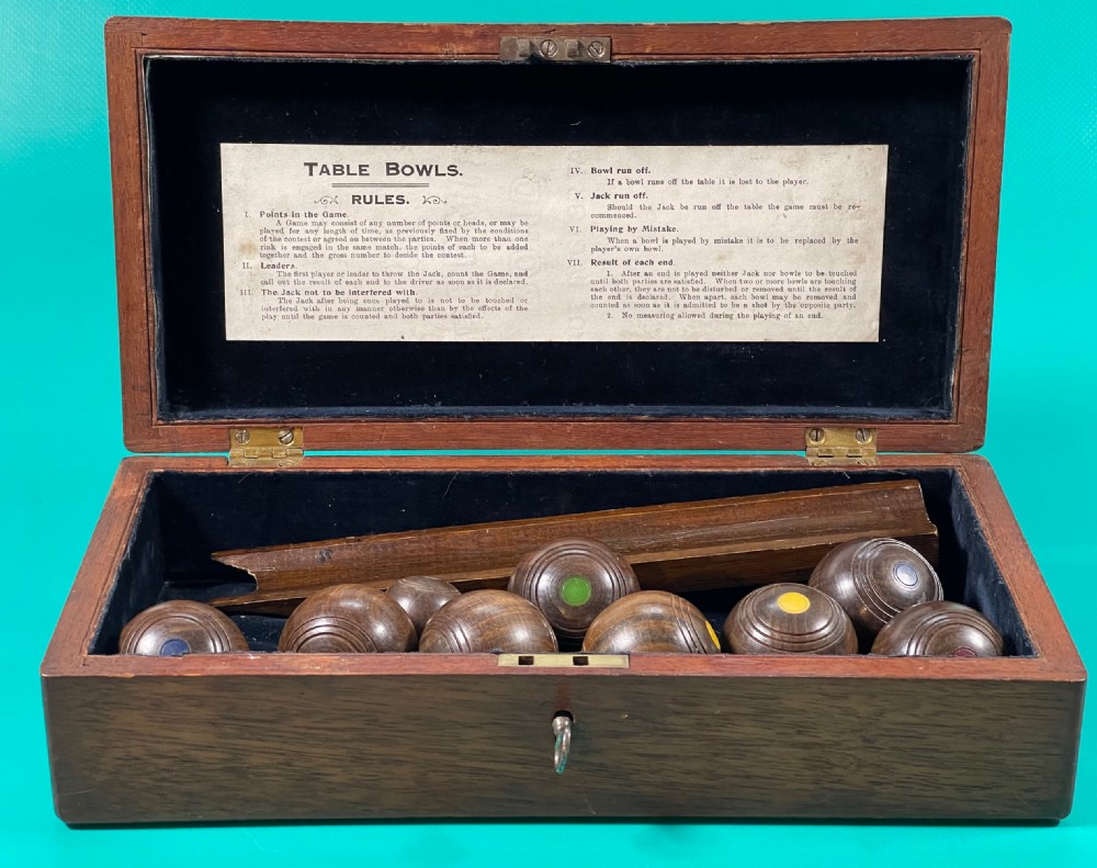Antique Treen Table Bowls - mahogany boxed with chute, complete set of bowls, key View IX
