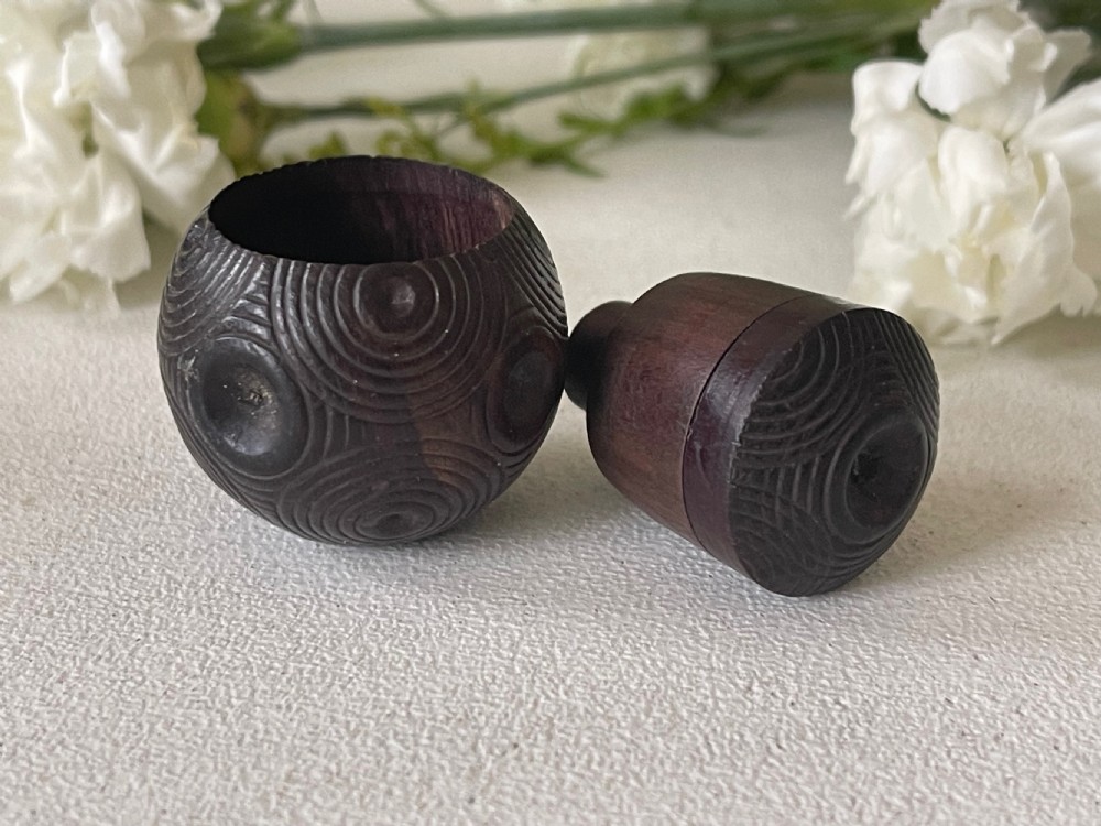 A Mini Antique Treen Puzzle Ball - with three old coins inside View II