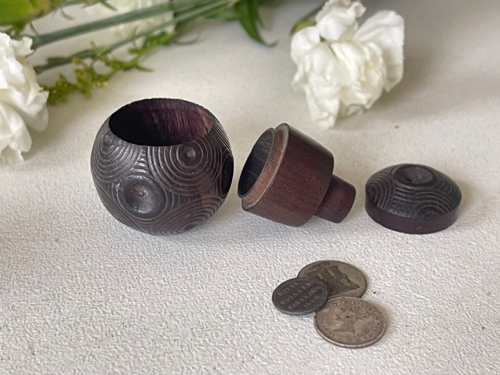 A Mini Antique Treen Puzzle Ball - with three old coins inside View III
