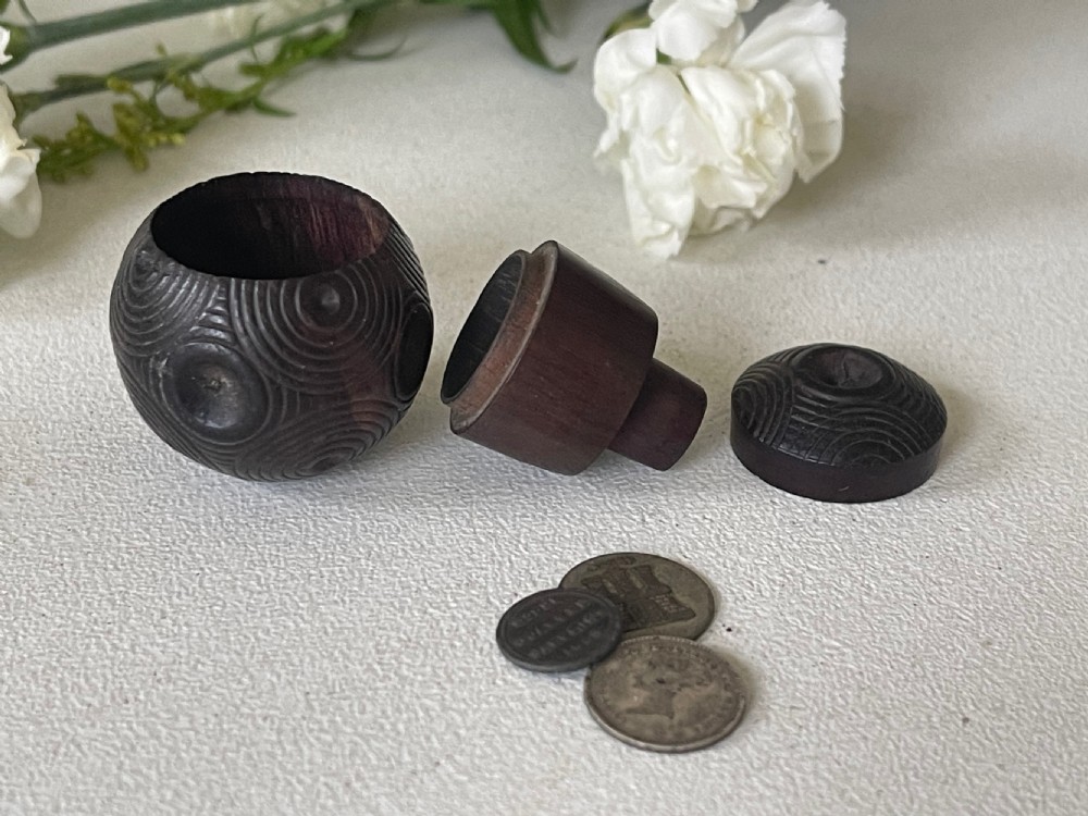 A Mini Antique Treen Puzzle Ball - with three old coins inside View IV