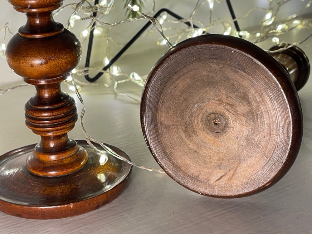Antique Treen Pair of Taper Candlesticks - applewood View III
