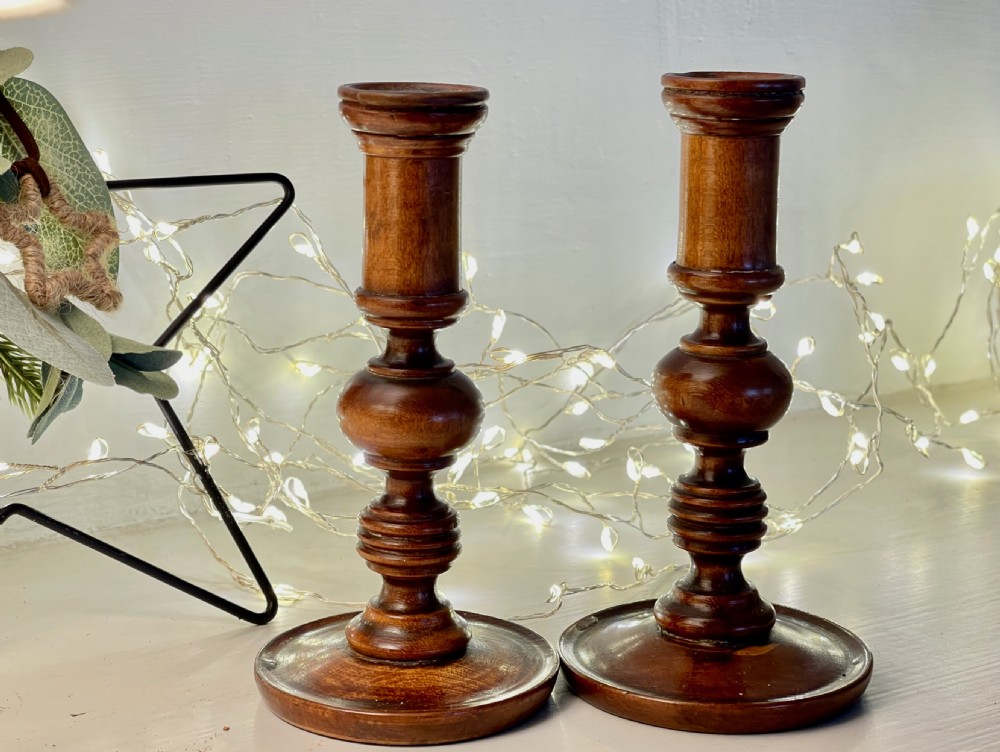 Antique Treen Pair of Taper Candlesticks - applewood View IV
