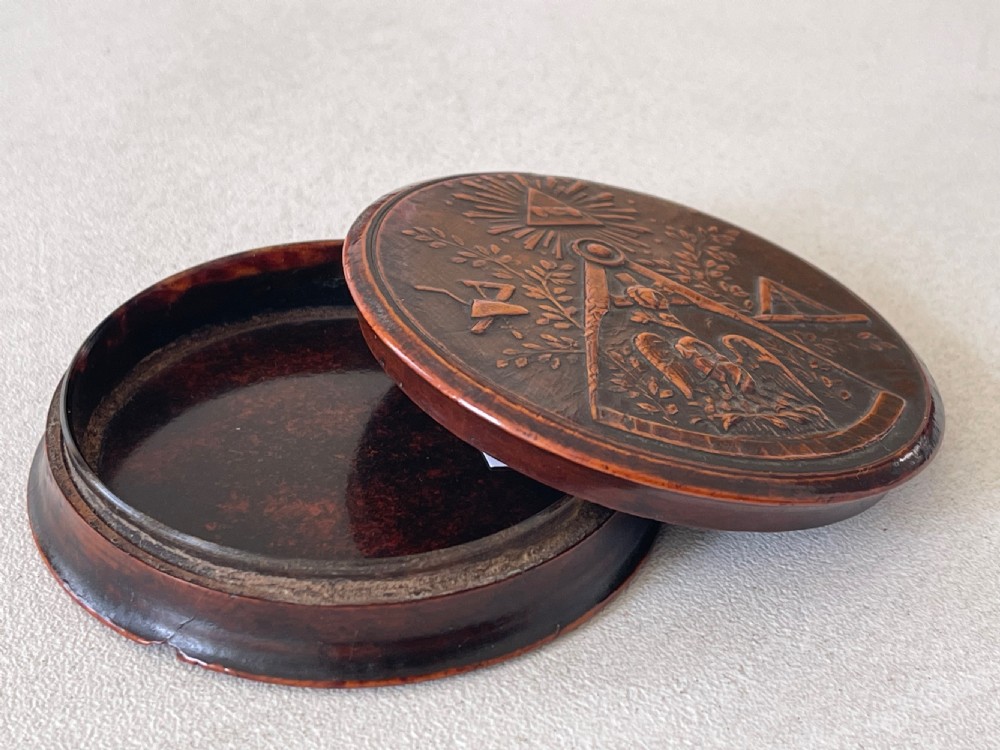 Antique Pressed Wood Snuff Box - masonic View III
