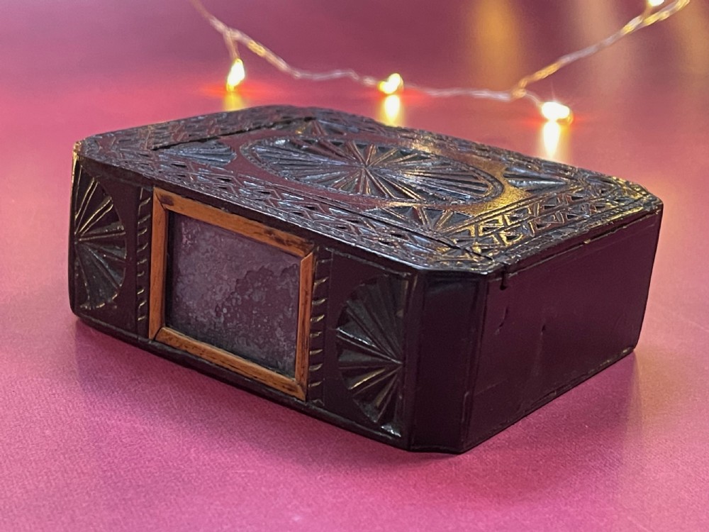 A Rare antique Treen Chip Carved Double-Sided Box -make up box