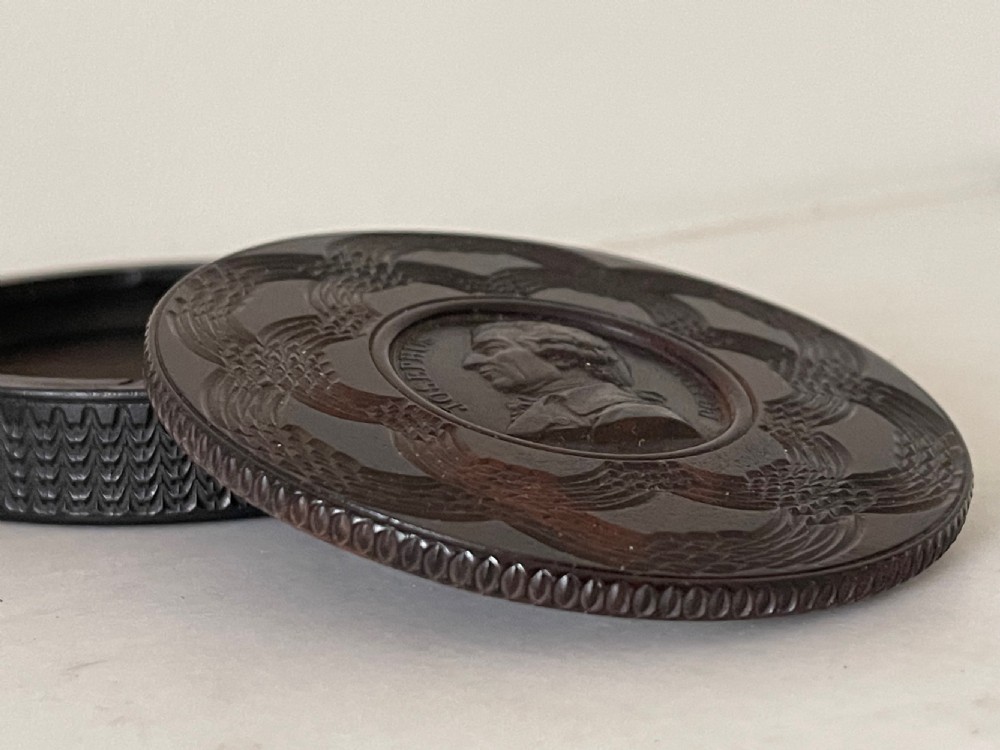 An Antique Snuff Box - Ebony Engine Turned, Haydn/ Shakespeare View II