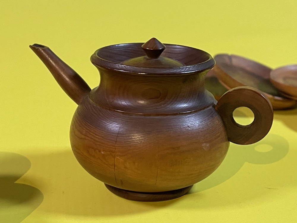 An Antique cedar wood miniature tea set View II