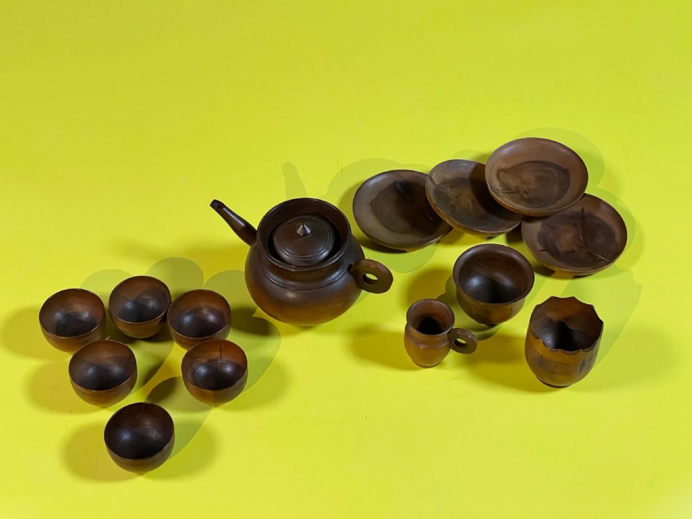 An Antique cedar wood miniature tea set View IV