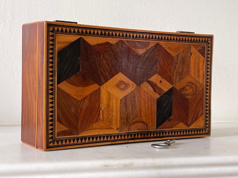An Antique  Yew Wood Tunbridge Ware Tumbling Block Box View II