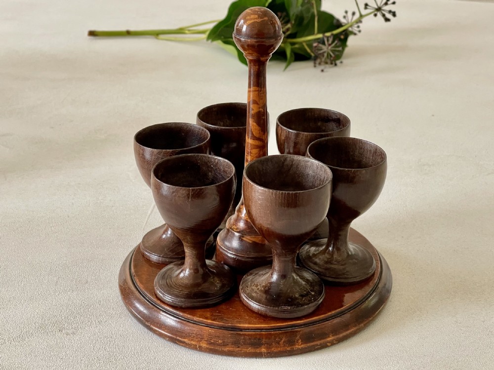 Antique Treen Egg Cup stand & Six Egg Cups