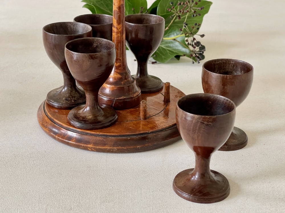 Antique Treen Egg Cup stand & Six Egg Cups View IV