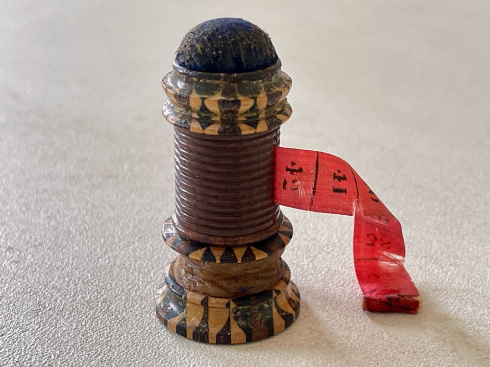 Antique Tunbridge Ware waxer, pin cushion & Tape Measure - retaining manufacturers label