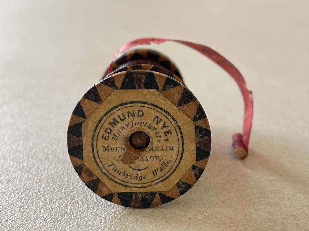 Antique Tunbridge Ware waxer, pin cushion & Tape Measure - retaining manufacturers label View II