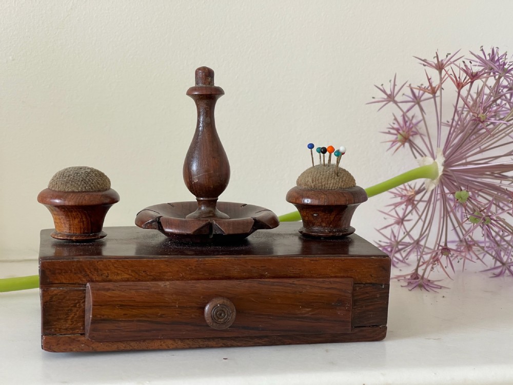 Antique Rosewood Sewing Companion - pin cushions, needles