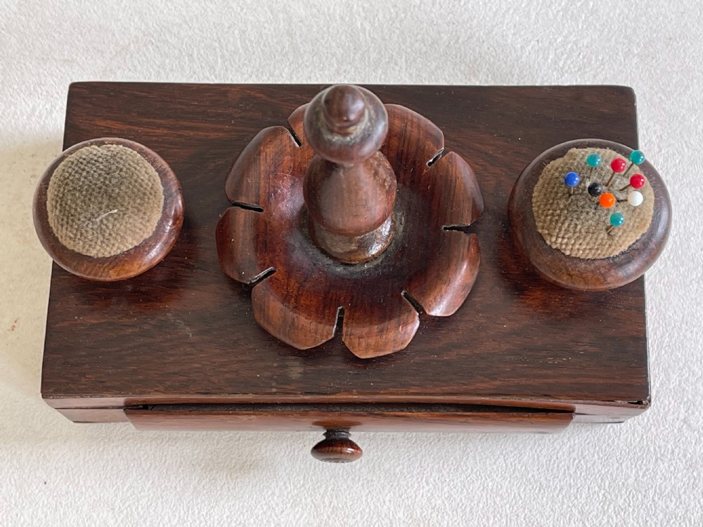 Antique Rosewood Sewing Companion - pin cushions, needles View II