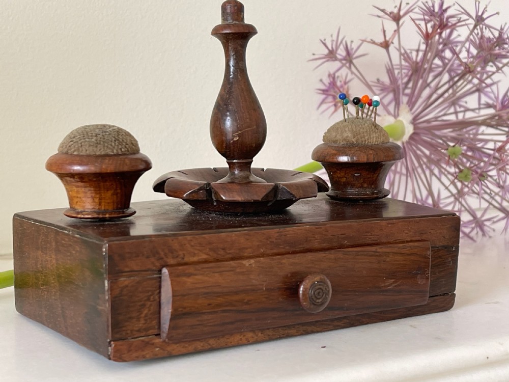 Antique Rosewood Sewing Companion - pin cushions, needles View IV