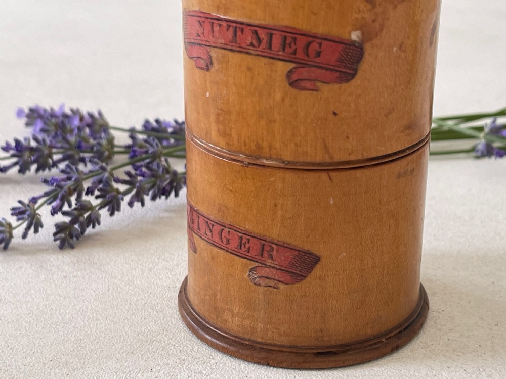 A rare small antique treen spice tower and nutmeg grater. View III