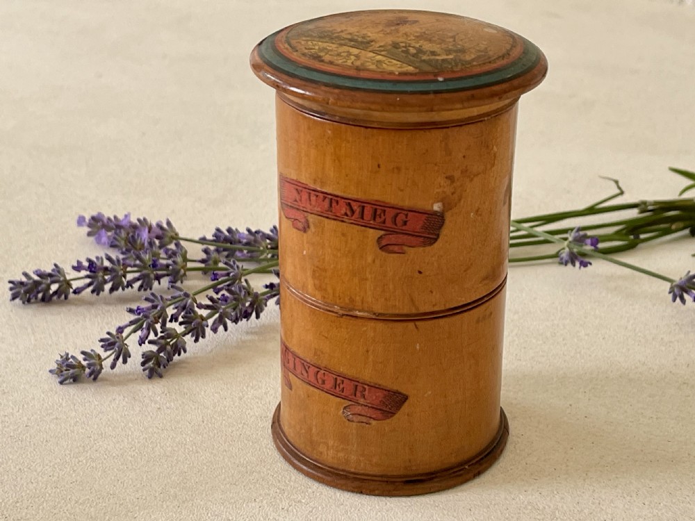 A rare small antique treen spice tower and nutmeg grater. View IV