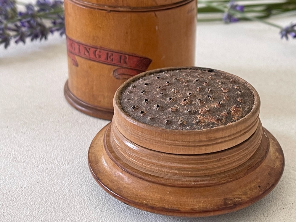 A rare small antique treen spice tower and nutmeg grater. View VI