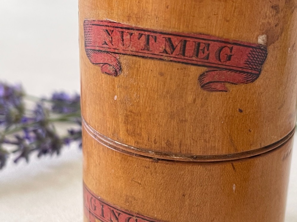 A rare small antique treen spice tower and nutmeg grater. View IX
