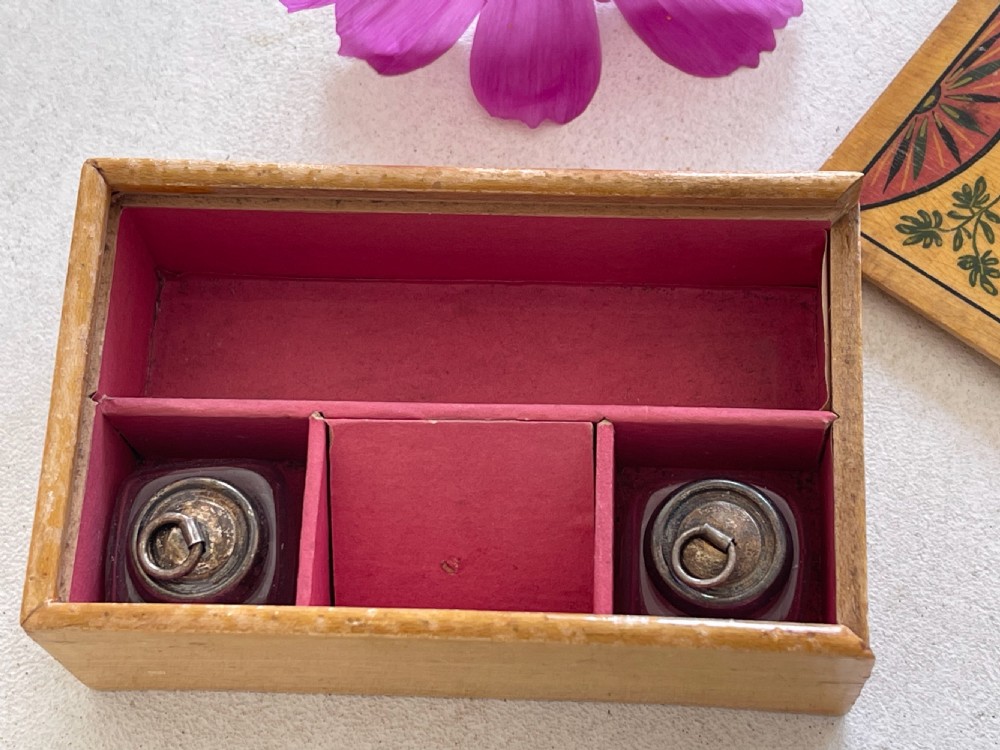 A Small Antique Tunbridge Ware Writing Box - with original ink bottles View VIII