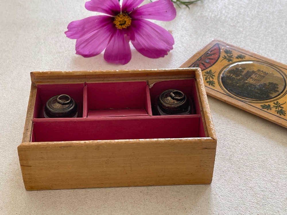 A Small Antique Tunbridge Ware Writing Box - with original ink bottles View IX