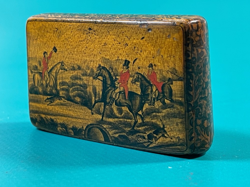 Antique Scottish Penwork Snuff Box - Huntsmen, Hound & Fox